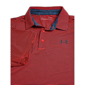 Under Armour Playoff Stripe Golf Polo Shirt | Men's Size L | Neon Coral & Black